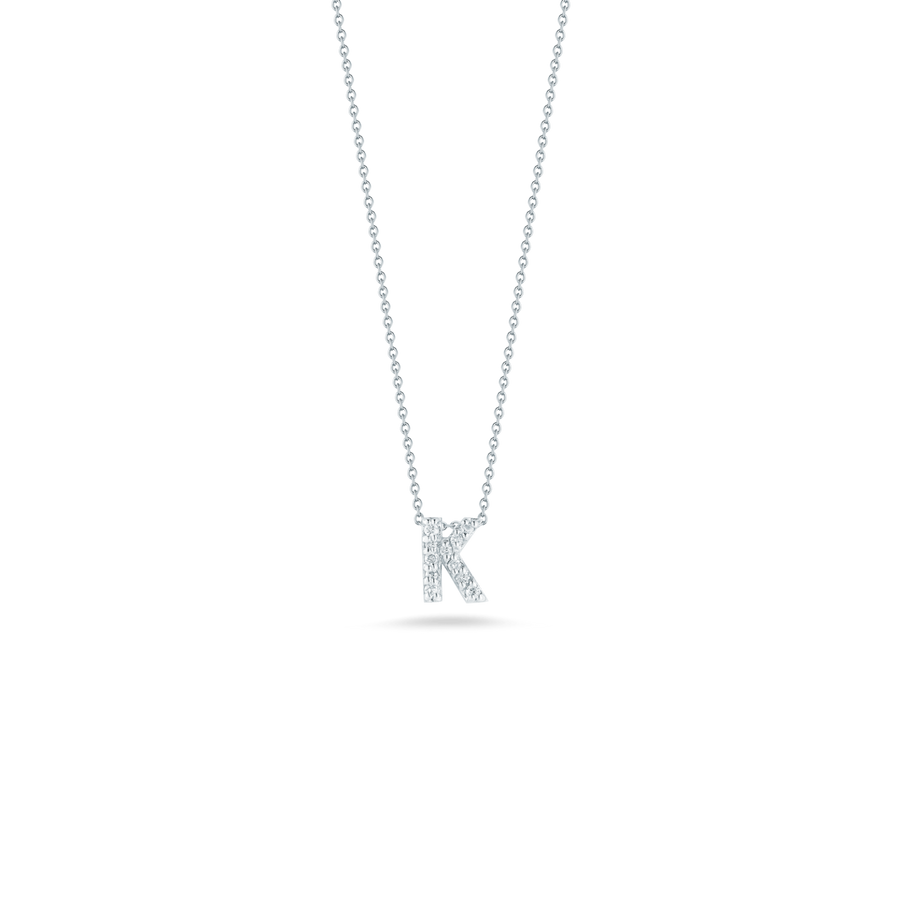 Tiny Treasures 0.05ct Diamond Love Letter "K" Pendant in 18K White Gold, 16-18in