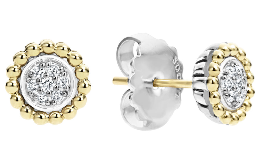 Diamond Caviar Stud Earrings in Sterling Silver and 18K Yellow Gold, 9mm