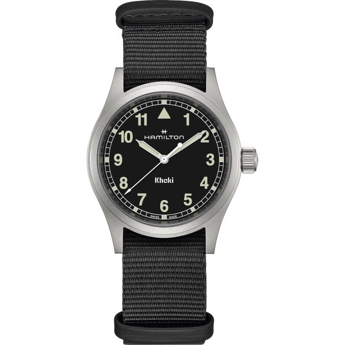 38mm Khaki Field Quartz Watch with Black Dial in Stainless Steel, Strap