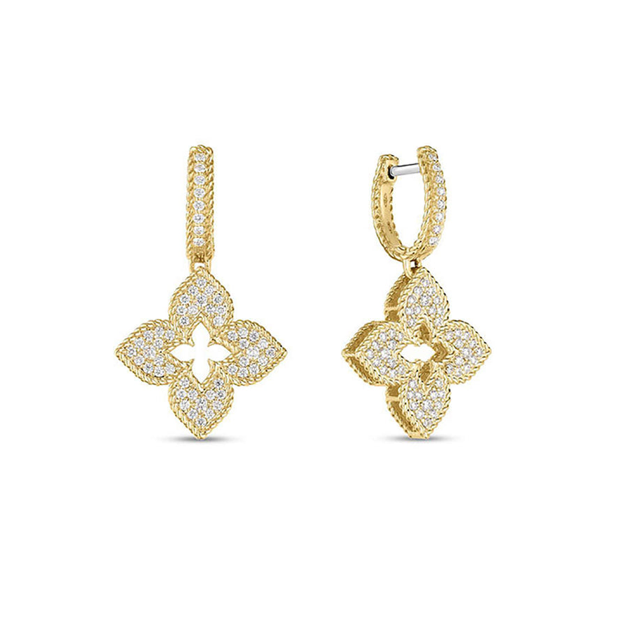 Venetian Princess Flower Diamond Pave Drop Earrings in 18K Yellow Gold