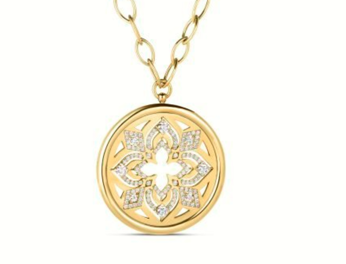 Arabesque Diamond Flower Medallion in 18K Yellow Gold, 33in