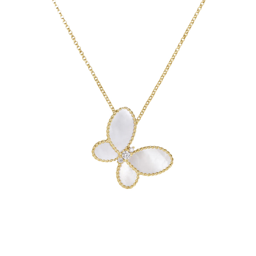 Diamond and Mother of Pearl Butterfly Pendant in 18K Yellow Gold, 18in