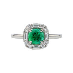 0.75ct Emerald and 0.38ct Baguette and Round Diamond Halo Ring in 18K White Gold, Size 6.25