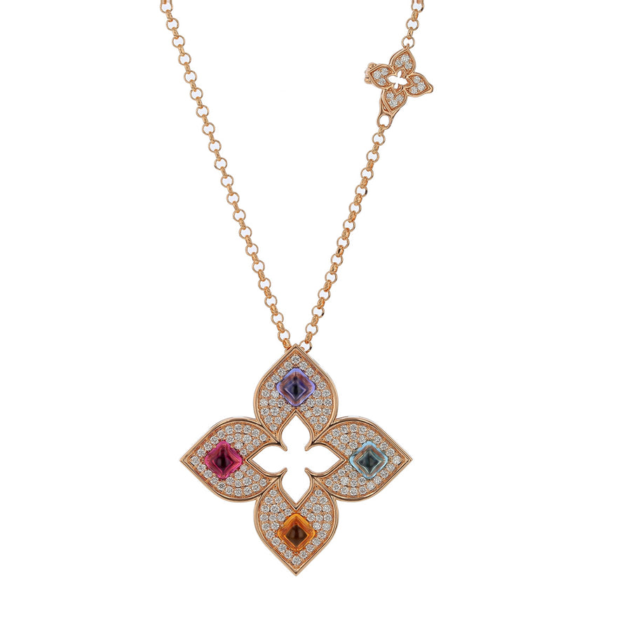 Venetian Princess Diamond, Ruby, Tanzanite and Blue Topaz Pendant in 18k Rose Gold, Adjustable Chain