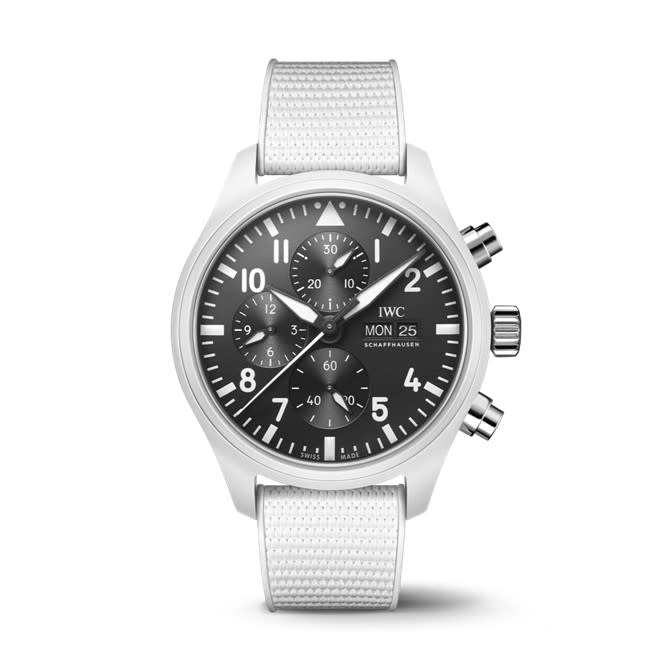44.5mm Pilots Watch Chronograph "Lake Tahoe" Edition with Black Dial on a Rubber Strap in White Ceramic