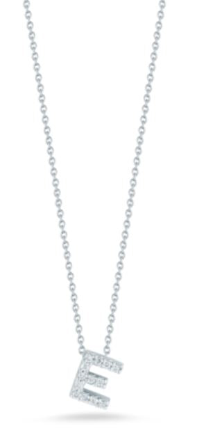 Tiny Treasures Diamond Love Letter "E" Pendant in 18K White Gold, Adjustable Chain