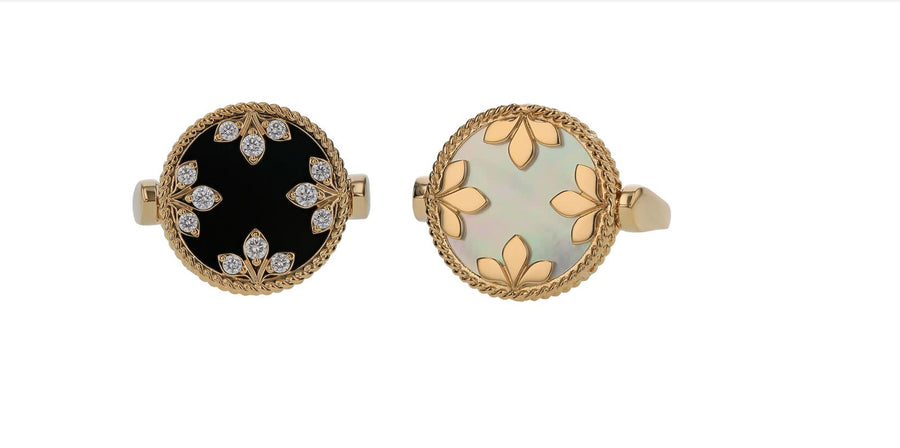 Venetian Medallion Diamond, Black Jade and Mother of Pearl Reversible Ring in 18K Yellow Gold, Size 6.5