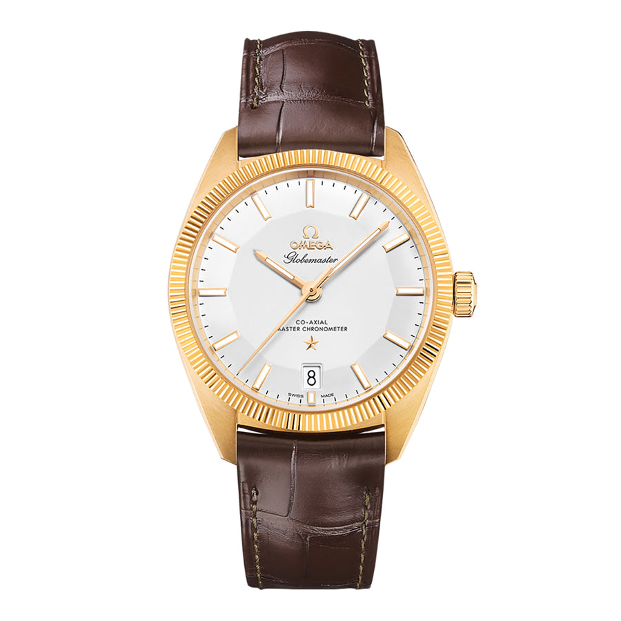 39mm Omega Constellation Globemaster Watch with Silver Dial in 18K Yellow Gold, Strap