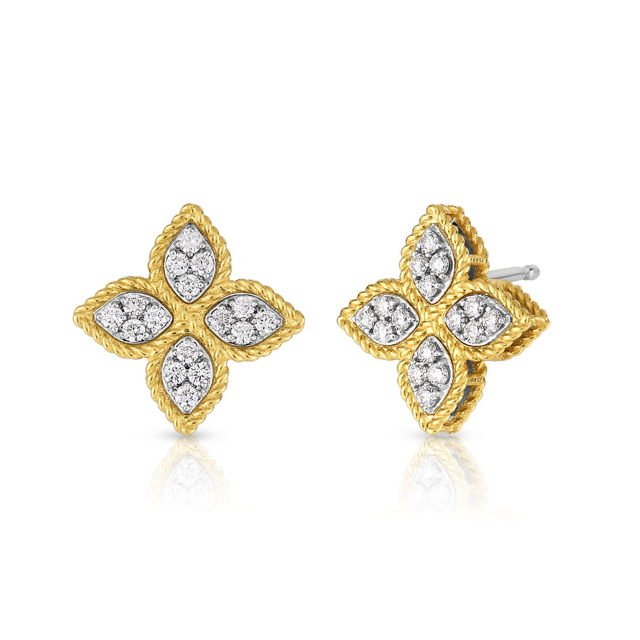 Venetian Princess Diamond Flower Earrings in 18K White and Yellow Gold, Medium