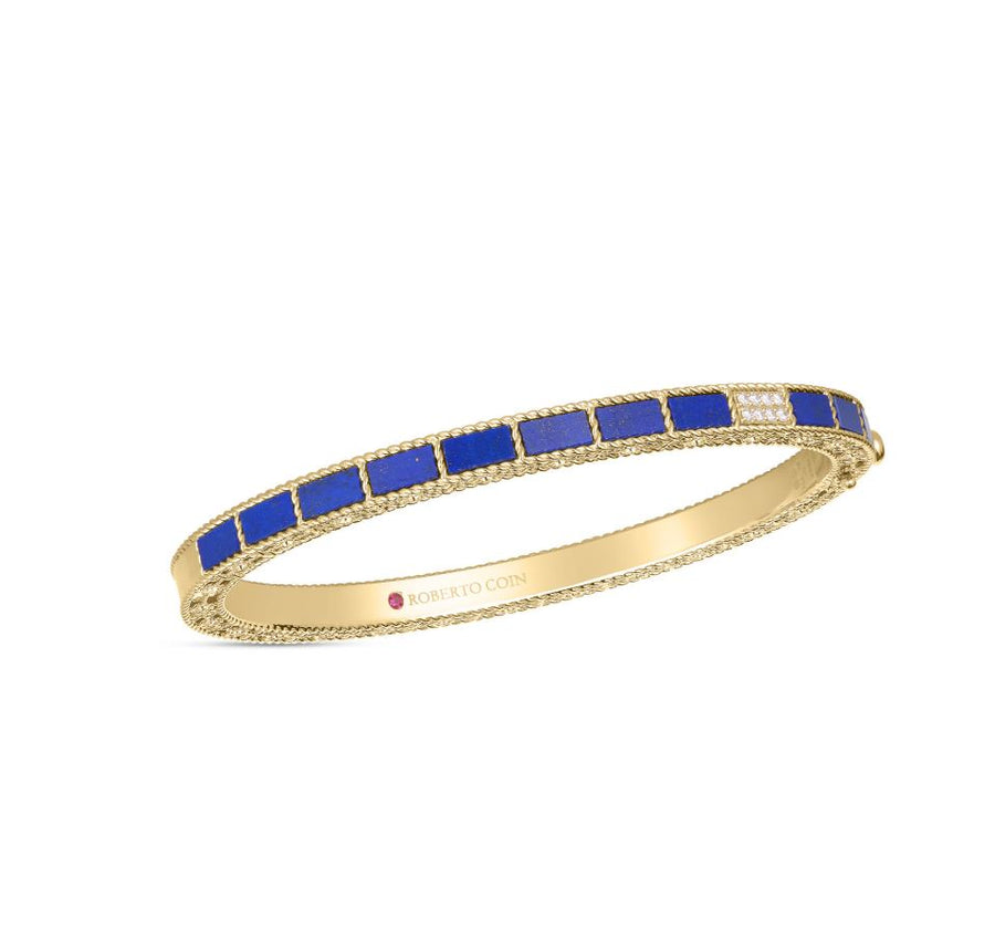 Mosaic Diamond and Lapis Alternating Bangle Bracelet in 18K Yellow Gold