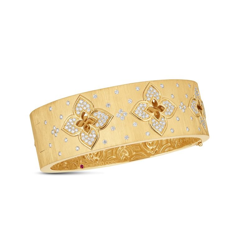 Diamond Venetian Princess Satin Wide Bangle Bracelet in 18K Yellow Gold, 48x58mm