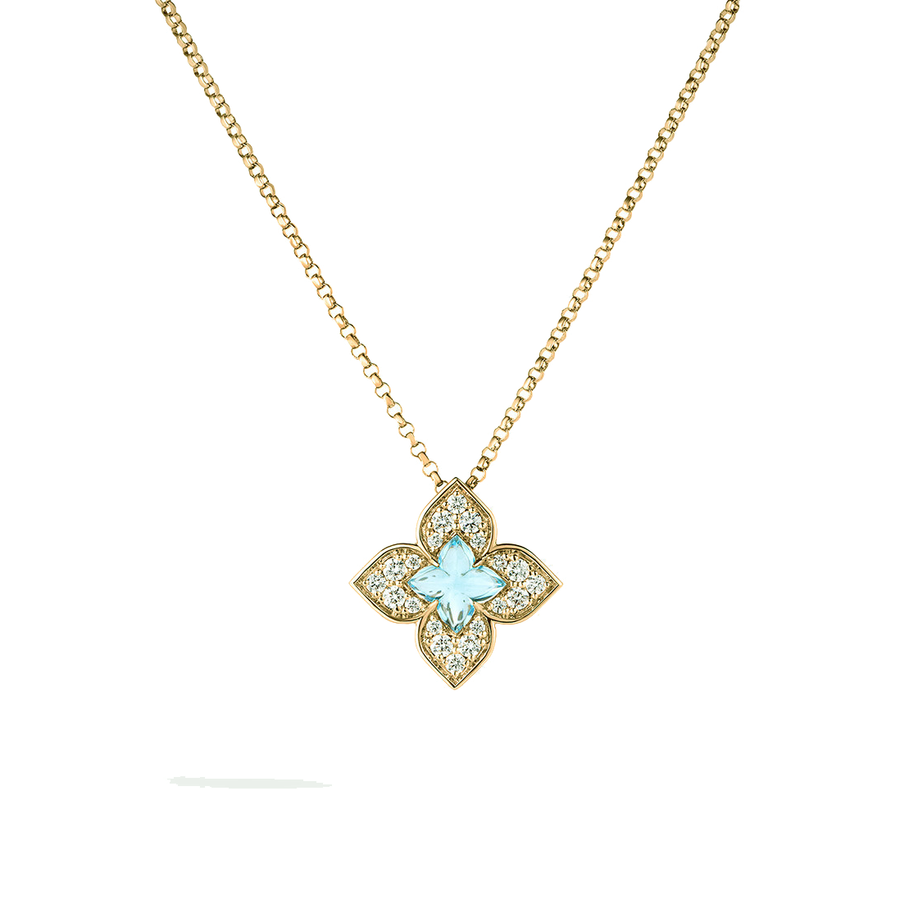 Venetian Princess Blue Topaz and Diamond Flower Pendant in 18K Yellow Gold, 18in