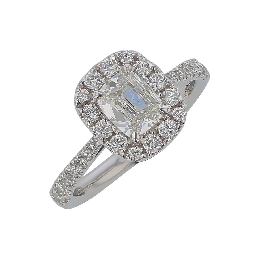 Cushion Cut Diamond and Round Diamond Halo Ring in 14K White Gold, Size 6