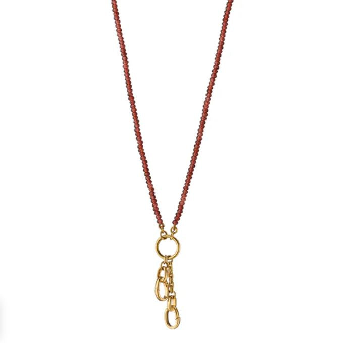 Design Your Own Beaded Garnet Charm Necklace with Two Charm Clips in 18K Yellow Gold, Adjustable Chain
