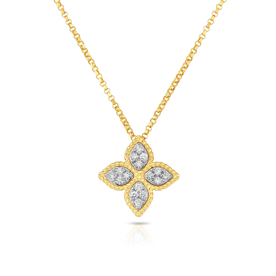Princess Flower Round Diamond Pendant in 18K Yellow and White Gold, Adjustable Chain