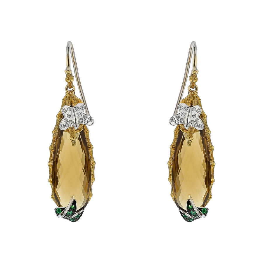 Garden 23.00ct Cognac Quartz, 0.25ct Emerald and 0.10ct Diamond Drop Earring in 18K White and Yellow Gold