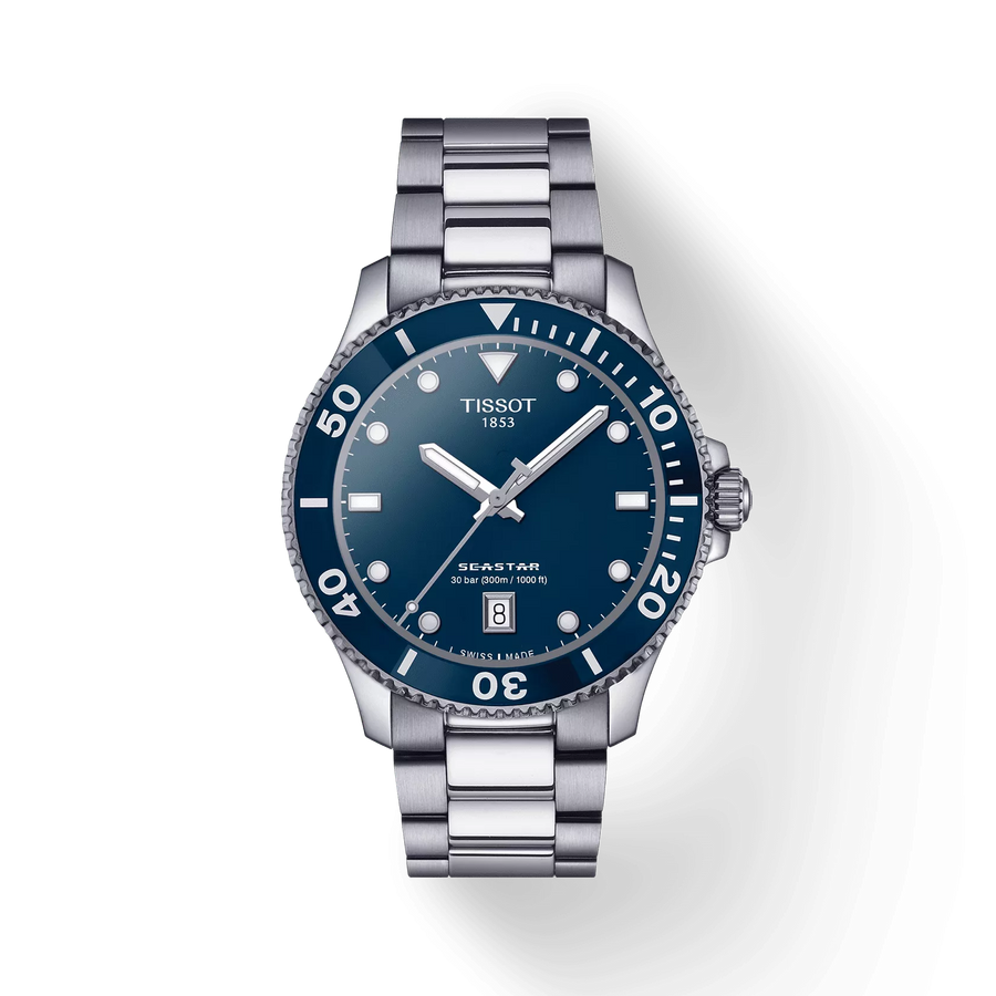 40mm Seastar 100 Quartz Watch with Blue Dial in Stainless Steel, Bracelet