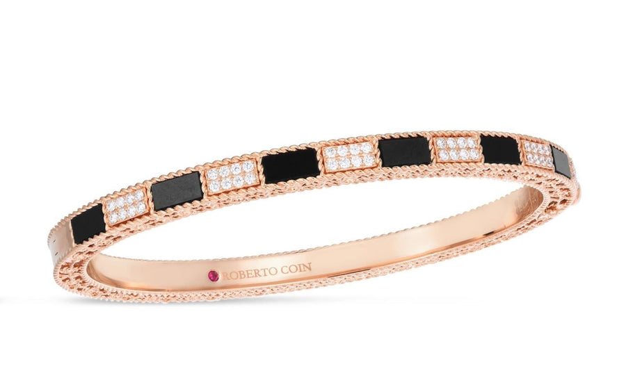 Mosaic Diamond and Black Jade Alternating Bangle Bracelet in 18K Rose Gold