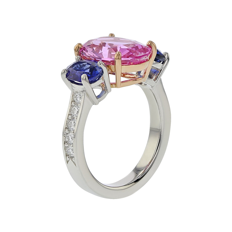 Pink Sapphire, Blue Sapphire and Diamond 3-Stone Ring