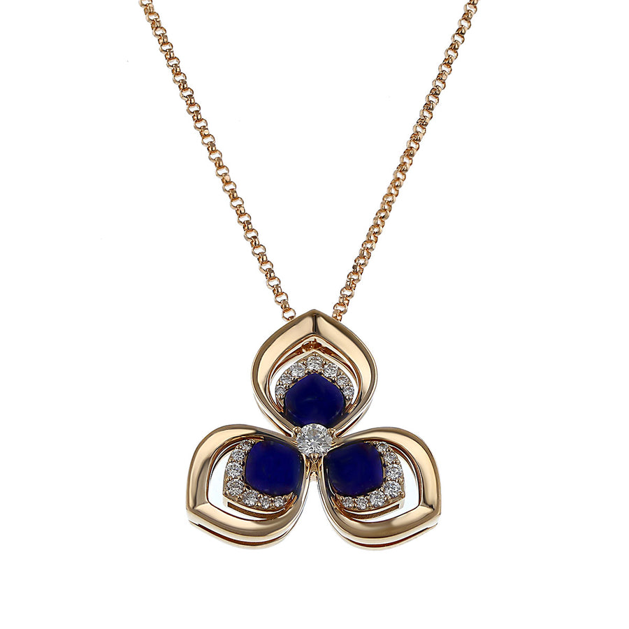 18K Rose 3 Petal Lapis Diamond Pendant with Chain