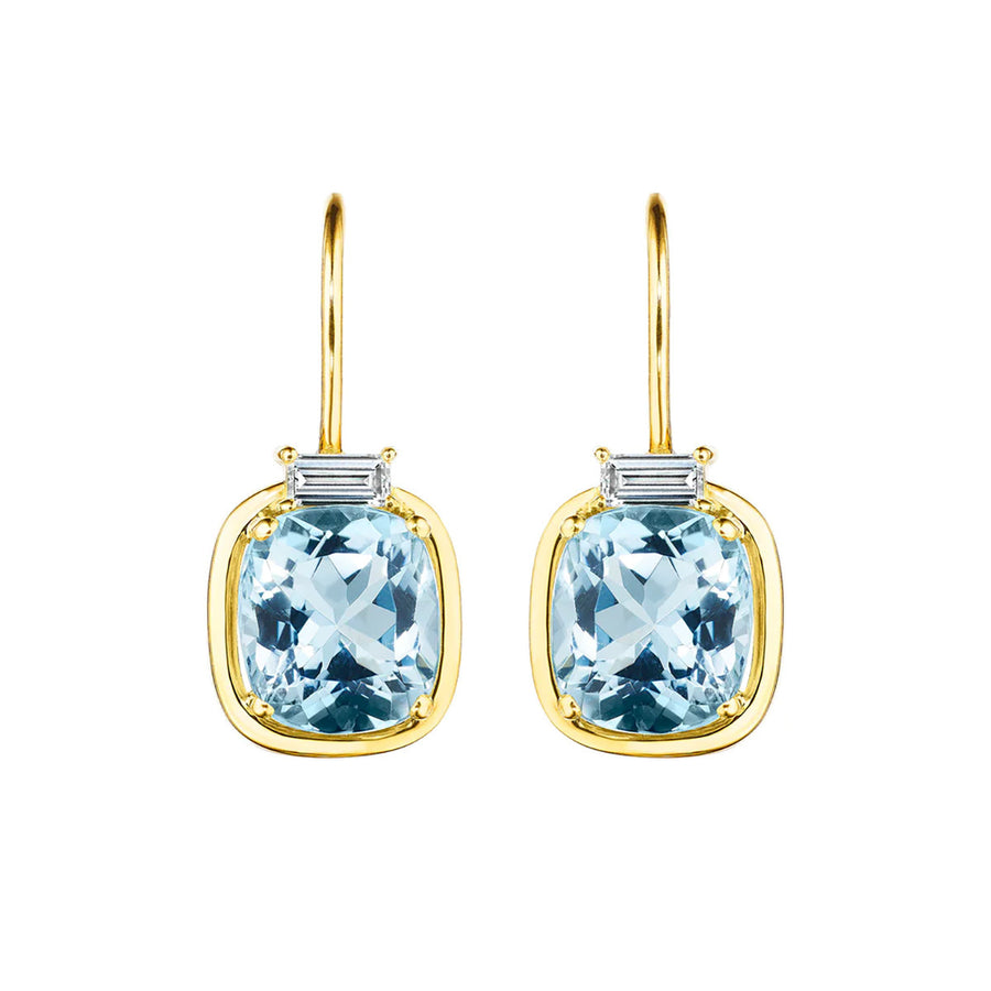 Diamond Baguette and Aquamarine Leverback Drop Earrings