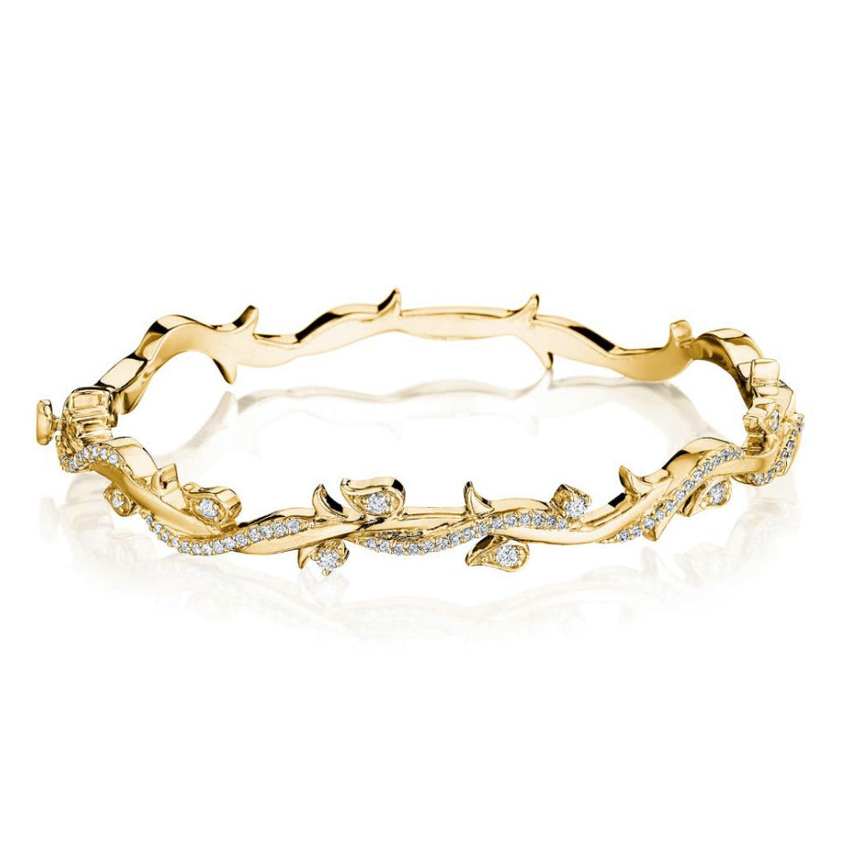 Botanical Leaf Bangle Bracelet with Diamonds