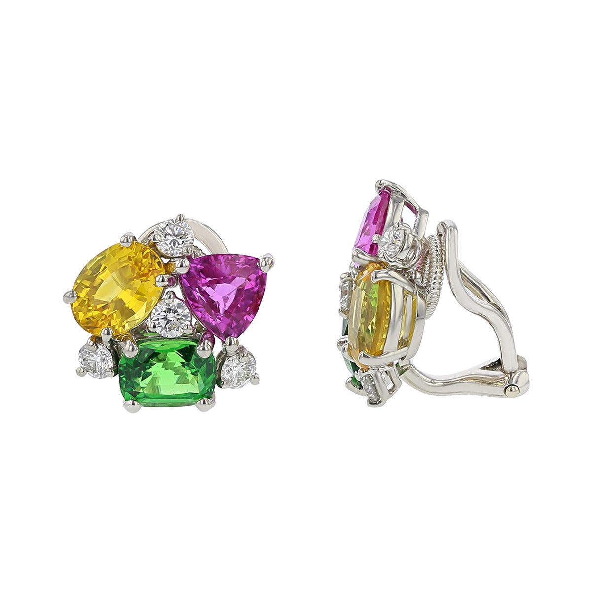 Tsavorite, Pink Sapphire, Yellow Sapphire and Diamond Earrings