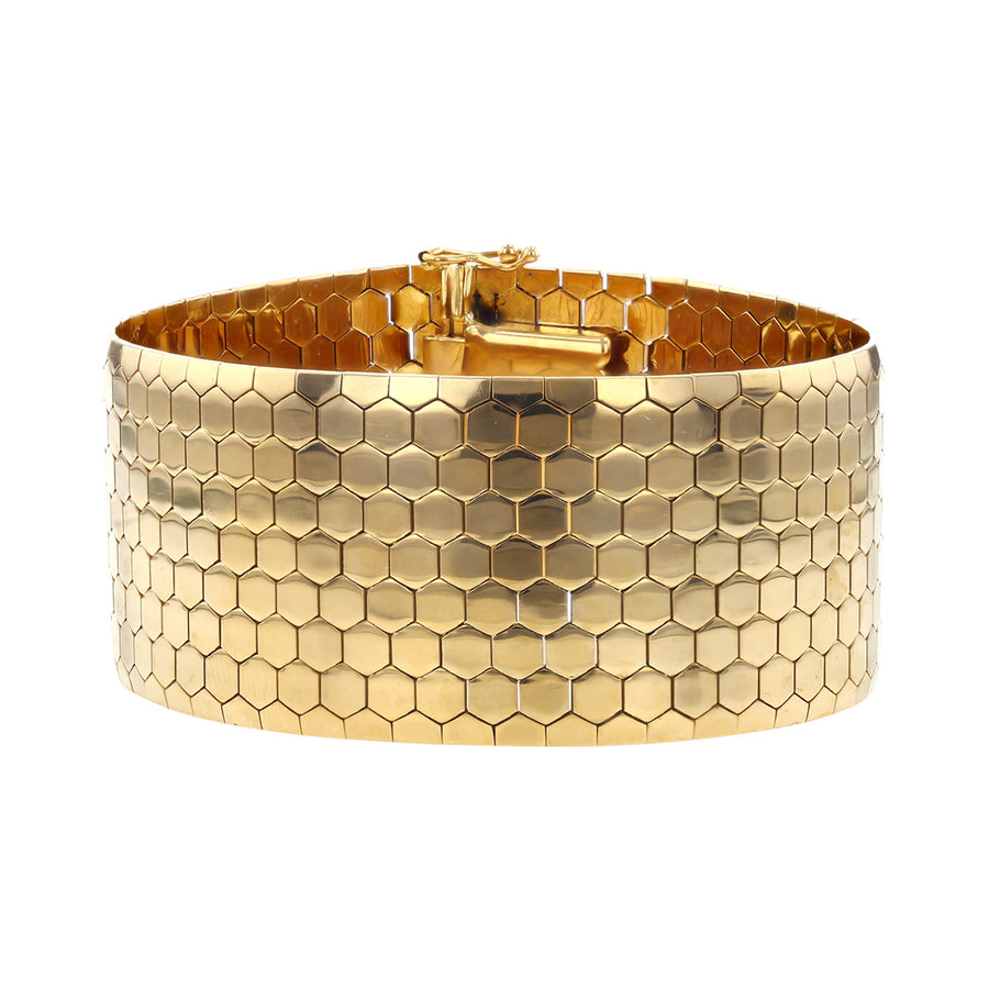 Mid-Century 1-Inch Wide 18K Gold Brick Mesh Bracelet