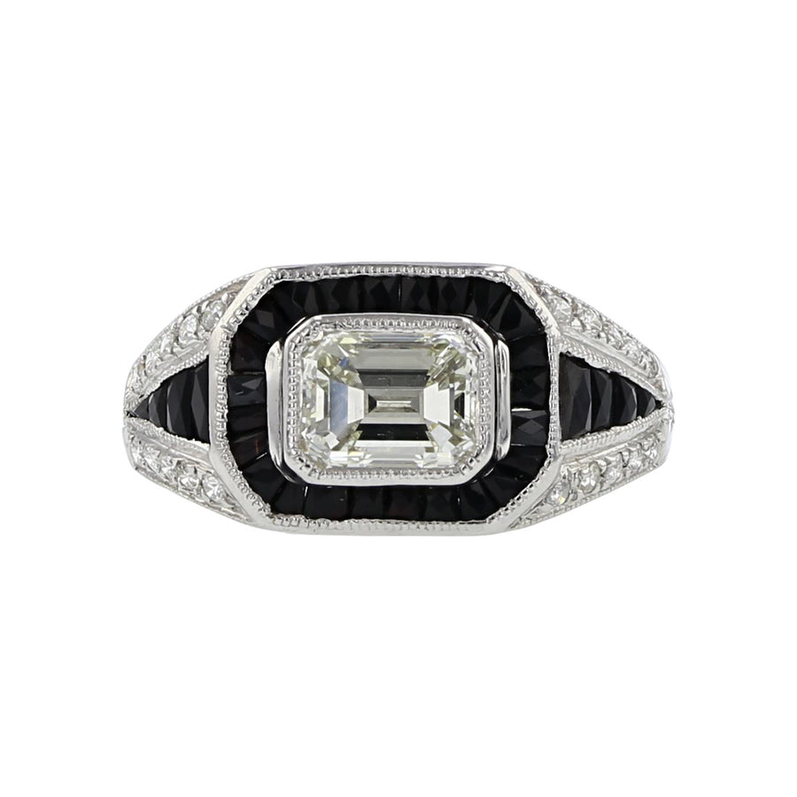 Platinum Emerald-cut Diamond and Black Onyx Halo Ring