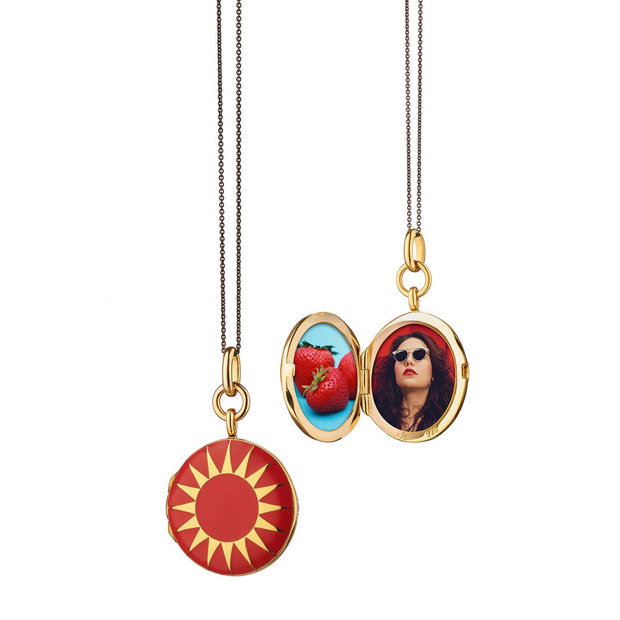 Red Enamel Vermeil Round Locket in 18K Yellow Gold and Sterling Silver, Adjustable Chain