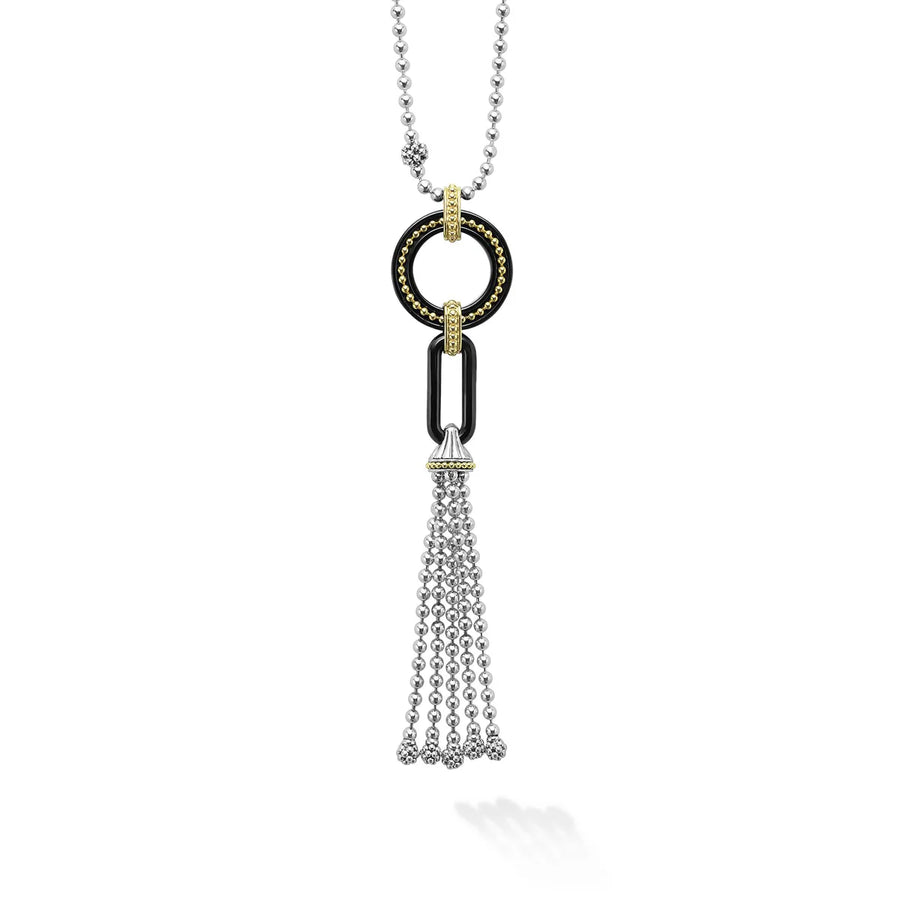 Black Caviar Tassel Pendant in 18K Yellow Gold Sterling Silver and Ceramic, 34"