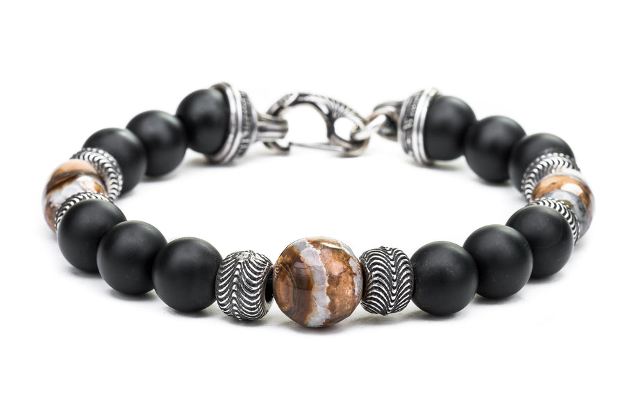 Ice Age Frosted Black Onyx and Mammoth Tooth Beaded Bracelet in Sterling Silver, Large