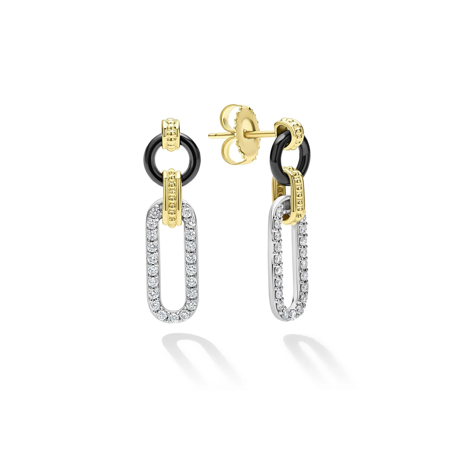 Caviar Black Ceramic and Diamond Oval Links Circle Top 15mm Drop Earrings in Sterling Silver and 18K Yellow Gold