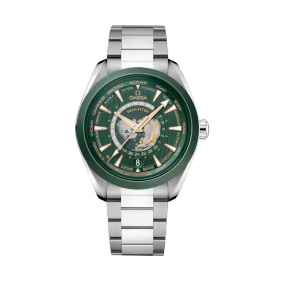 43mm Seamaster Aqua Terra 150M World Time Watch with Green Dial in Stainless Steel, Bracelet