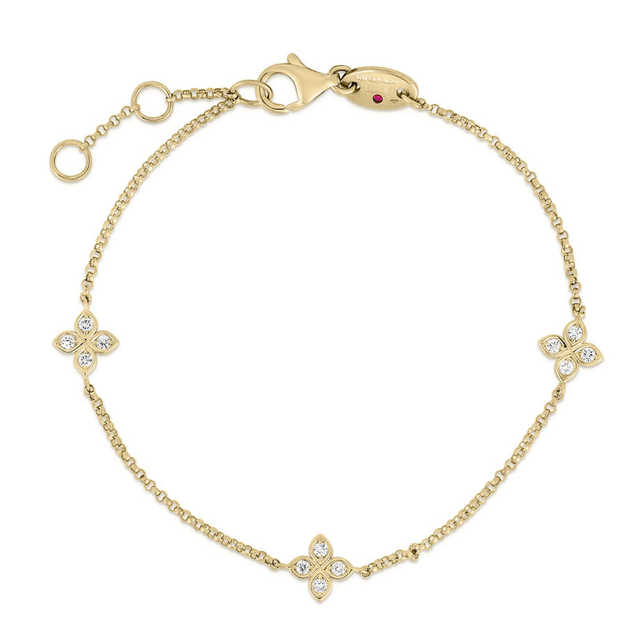 Love by the Inch 0.13ct Diamond 3 Station Flower Bracelet in 18K Yellow Gold 6.5-7.5"