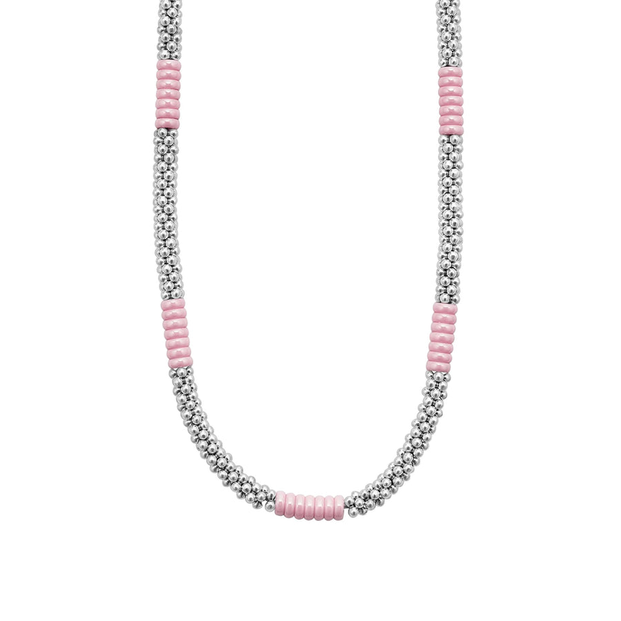 Pink Caviar 5mm Beaded Necklace in Sterling Silver and Ceramic 18"