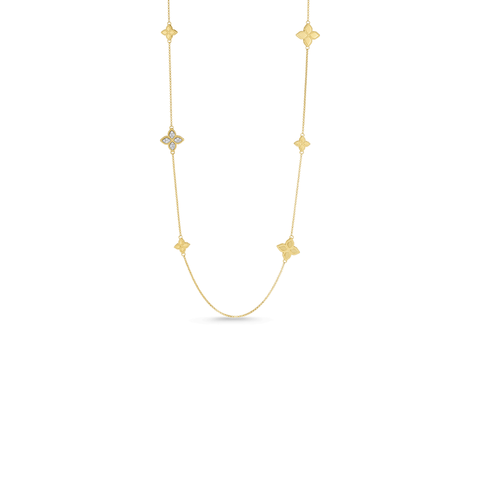 Princess Flower Round Diamond Station Necklace in 18K Yellow and White Gold, 34in