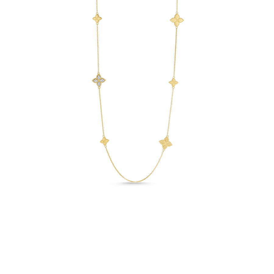 Princess Flower Round Diamond Station Necklace in 18K Yellow and White Gold, 34in