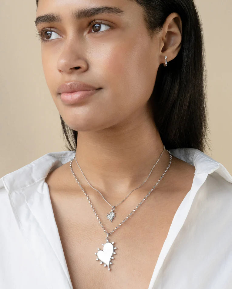 Mother of Pearl and 0.68ct White Sapphire Halo Heart Pendant in Sterling Silver without chain