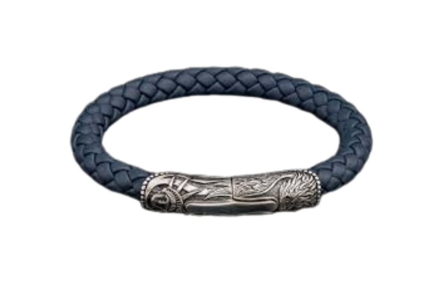 Blue Ridge Braided Bracelet in Blue Leather Bracelet and Sterling Silver, Large