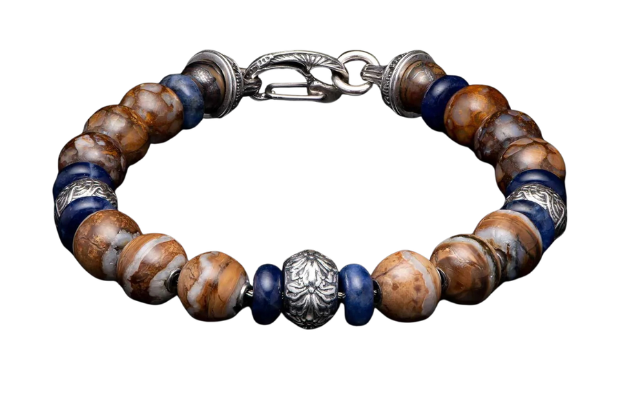 Sand and Sea Fire Opal Sodalite and Woolly Mammoth Tooth Beaded Bracelet in Sterling Silver, Large