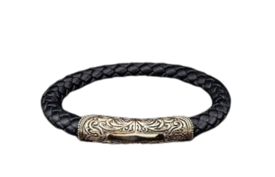 Milan Black Leather Braided Bracelet with Bronze Size Large