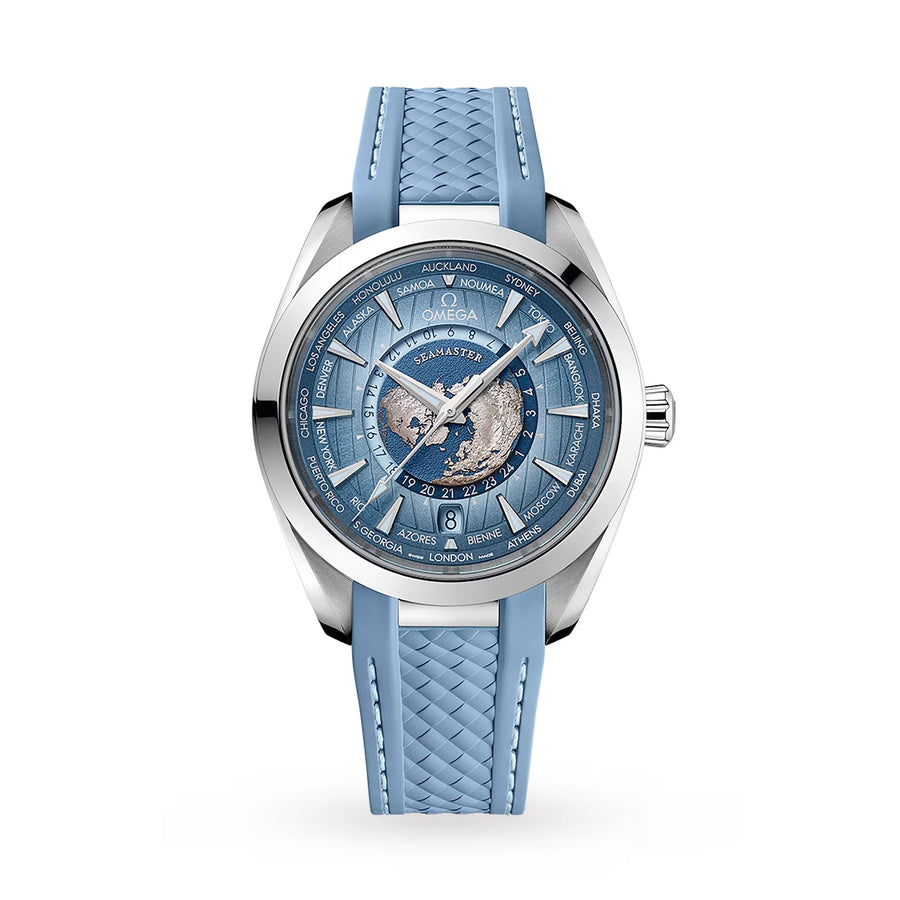 43MM SEAMASTER WORLDTIMER AQUA TERRA WITH BLUE DIAL ON A BLUE RUBBER STRAP