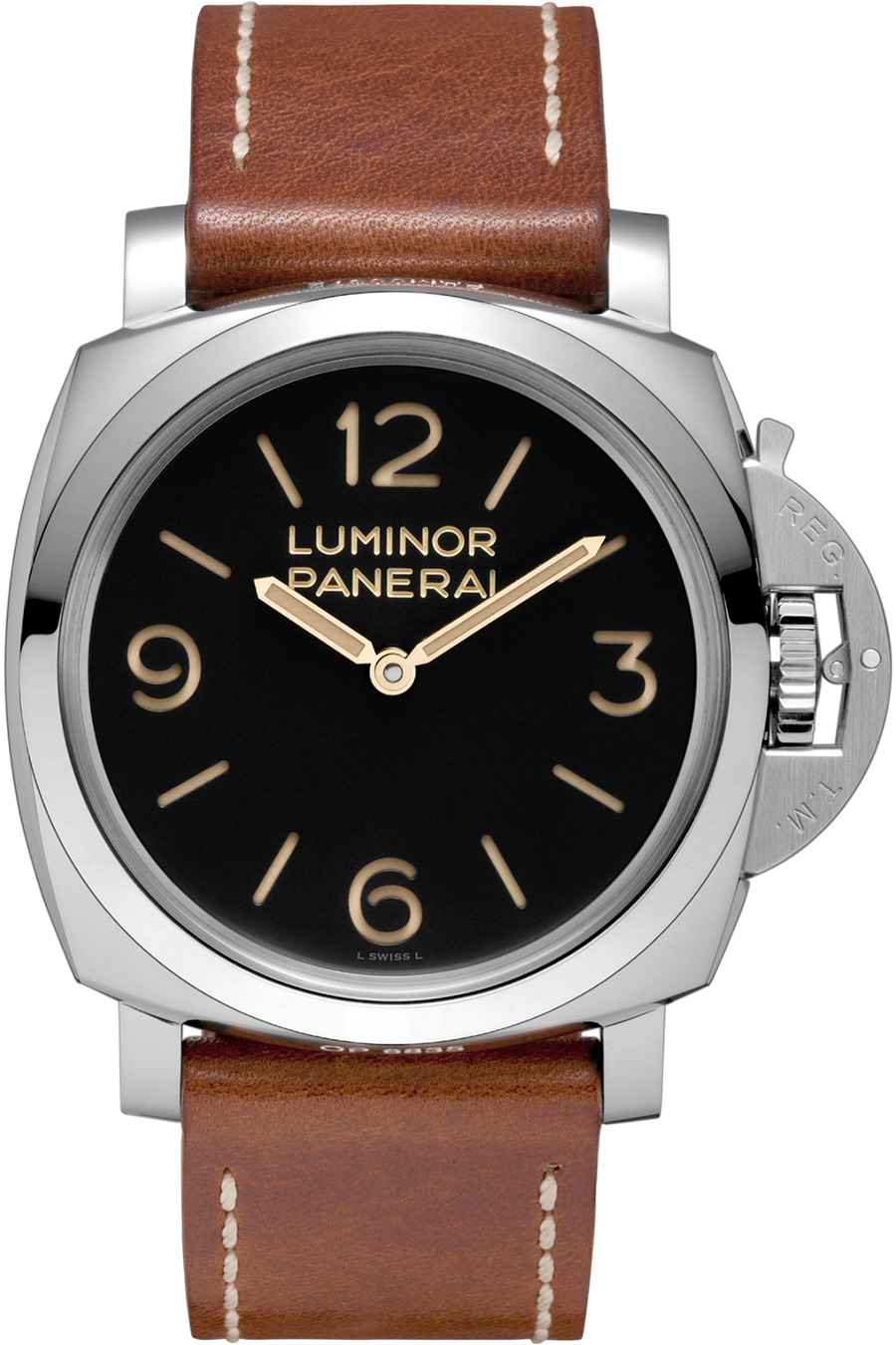 44mm Panerai Luminor Watch with Black Dial in Stainless Steel, Strap
