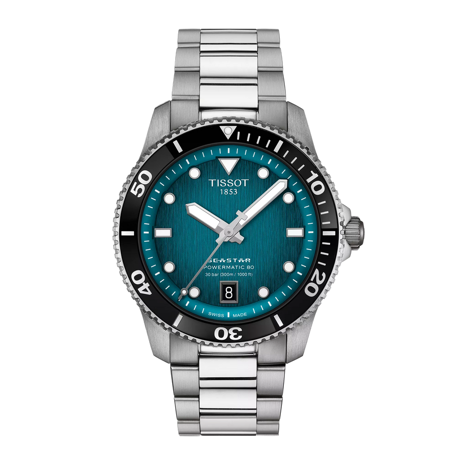 40mm Seastar Powermatic 80 Watch with Graded Turquoise-Black Dial in Stainless Steel, Bracelet