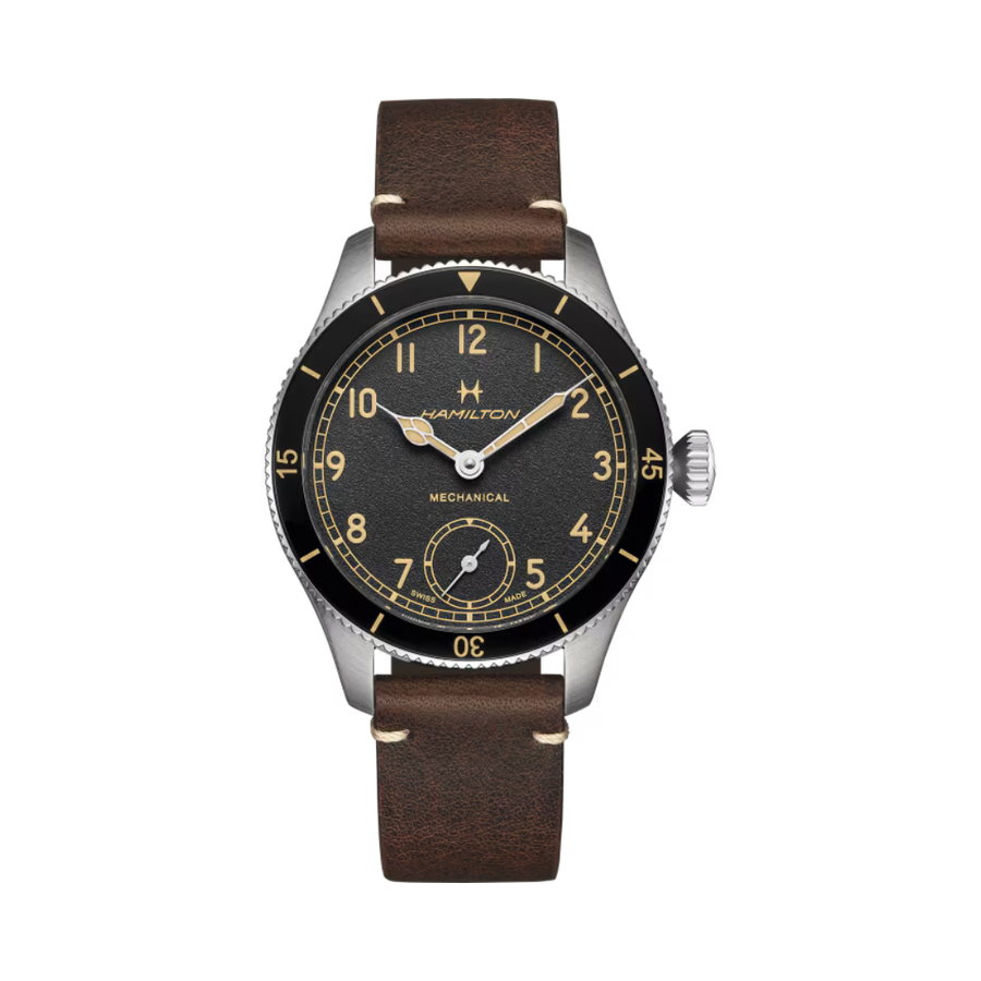 43mm Khaki Aviation Pilot Pioneer Watch with Black Dial in Stainless Steel, Strap