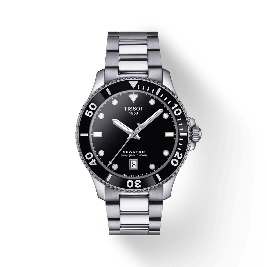 40mm Seastar 1000 Quartz Watch with Black Dial in Stainless Steel, Bracelet
