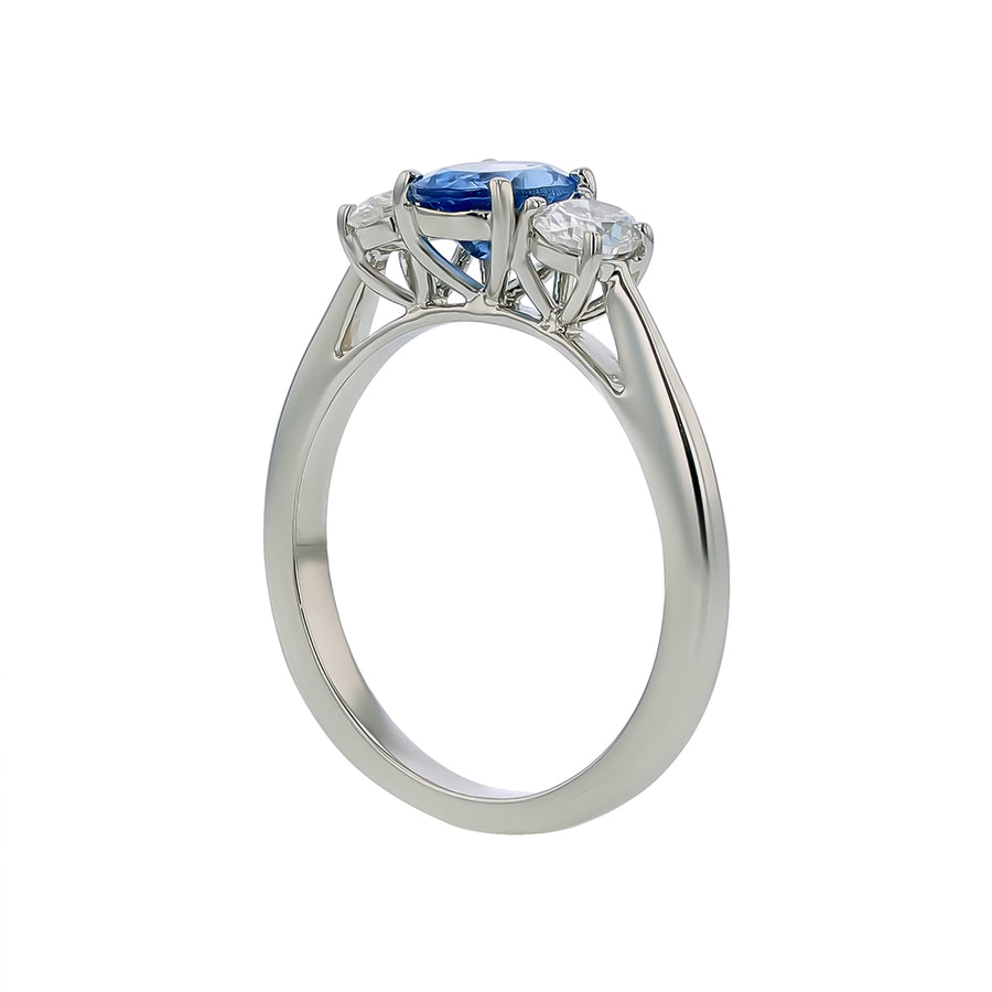 0.62ct Oval African Aquamarine and 0.46ct Oval Diamond 3 Stone Ring in Platinum, size 6