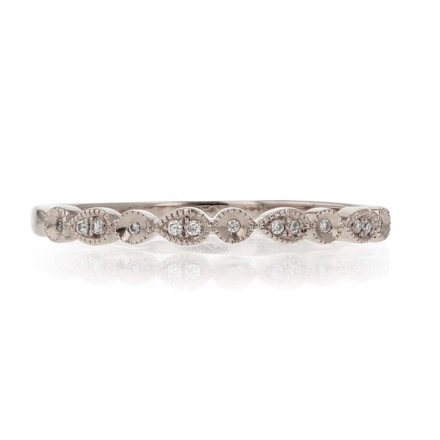 14K White Gold 0.03ct Full Cut Diamond Ring with Round and Pear Shaped Milgrained Boxes