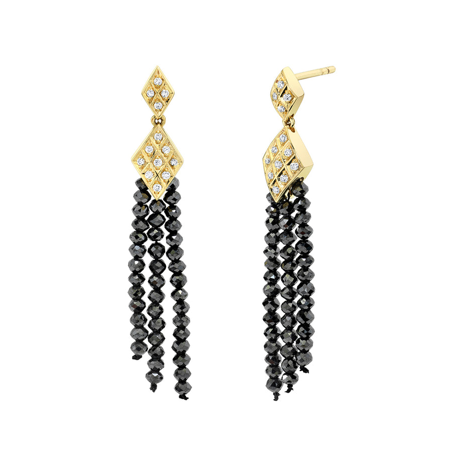 7.37ct Round Black Diamonds and 0.14ct Round Diamonds Criss Cross Bead Tassel Earrings in 18K Yellow Gold